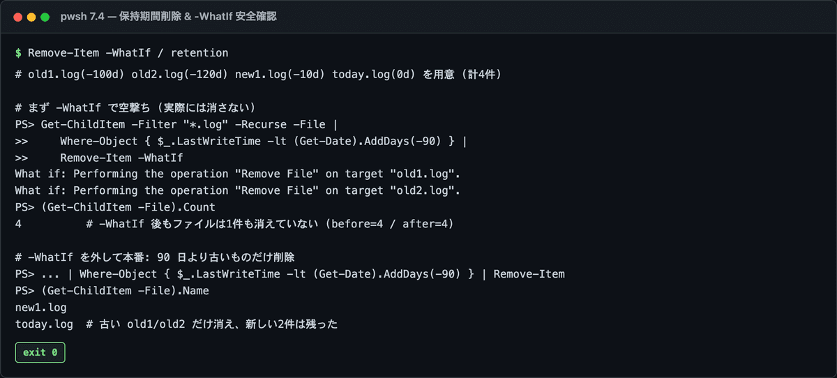 保持期間より古いファイルだけが Remove-Item の対象になり、-WhatIf を付けると What if 表示が出るだけでファイルは消えずに残る実機結果
