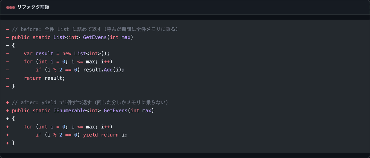 List に全件詰めて返すメソッドを yield return で1件ずつ返すイテレータに書き換える before/after