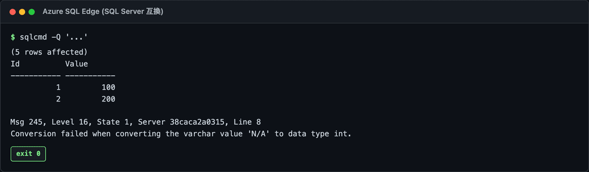 CAST で汚いデータを INT 変換した実行結果 — 100 と 200 は返るが N/A の行で Msg 245 の変換エラーになりステートメントが異常終了する