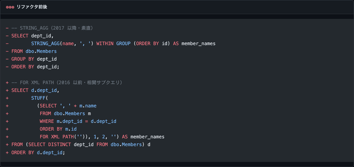 部署ごとの文字列連結を STRING_AGG（2017+）から FOR XML PATH（2016 以前）に書き換える差分
