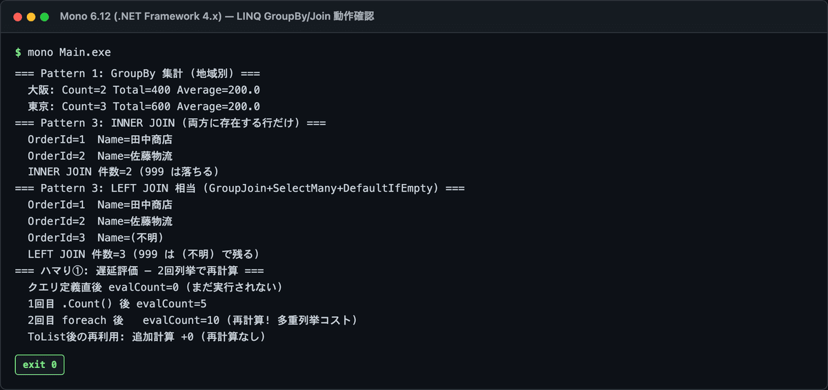 GroupBy で Region 別に Count と Total が集計された実行結果