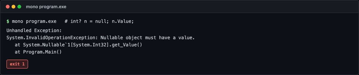 null の .Value を読んで InvalidOperationException が出る実行結果