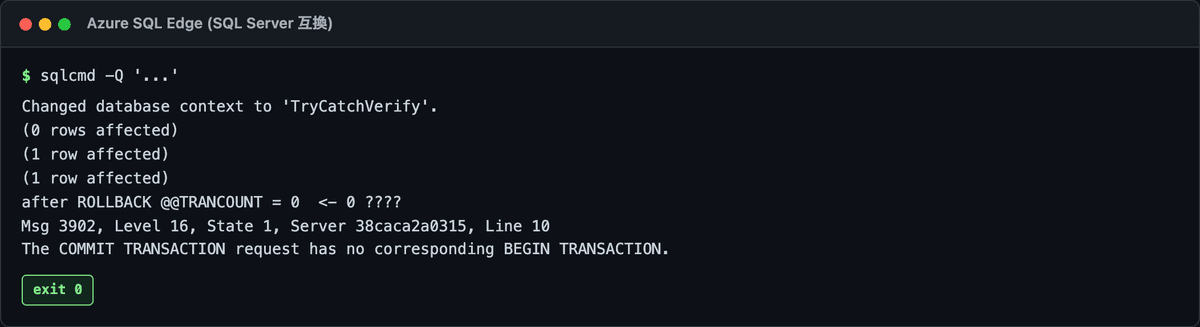 ネストした BEGIN TRAN の内側 ROLLBACK で @@TRANCOUNT が 0 に落ち、外側 COMMIT が Msg 3902 になる実行結果