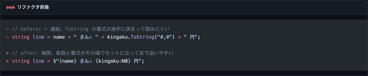 金額を + 連結で ToString 書式を挟んで組む書き方と、文字列補間で N0 書式を使う書き方の before/after