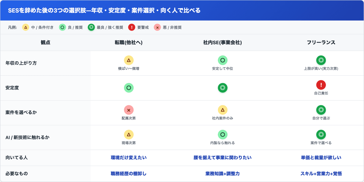 SESを辞めた後の選択肢を、転職・社内SE・フリーランスの3つで、年収の上がり方・安定度・案件を選べるか・向いてる人・必要なもので比較した早見表