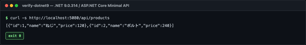 ASP.NET Core 最小 API を起動して /api/products を curl した結果、商品2件の JSON 配列が返っている