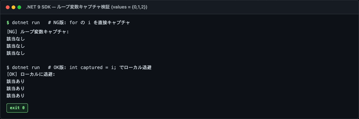ループ変数キャプチャの NG 版は全部該当なし、ローカルに退避した OK 版は全部該当ありになる実行結果