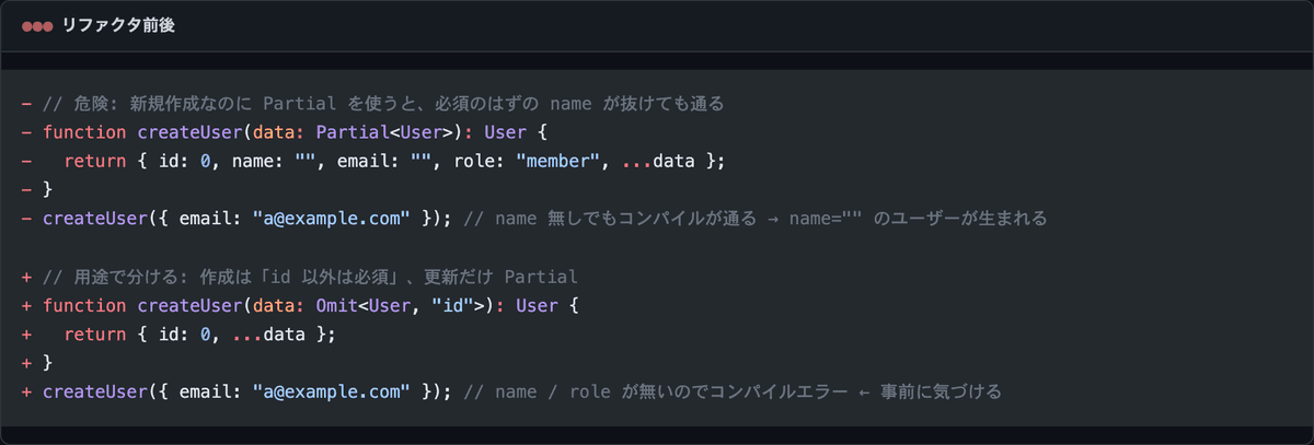 新規作成に Partial を使う危険なコードを Omit で必須を保つ形にリファクタする差分