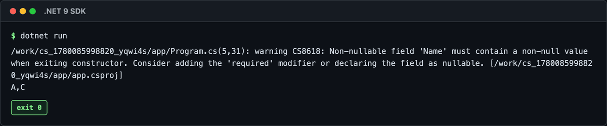 C# LINQ Where→Select の実行結果 (警告は無害)