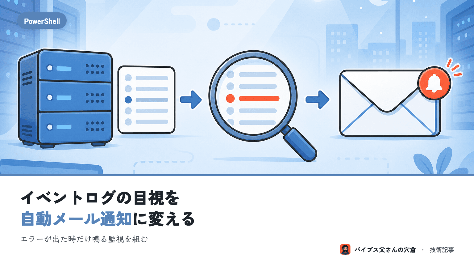 PowerShell で Windows イベントログを監視して特定エラーをメール通知する — 1人運用の業務SE向け自動化