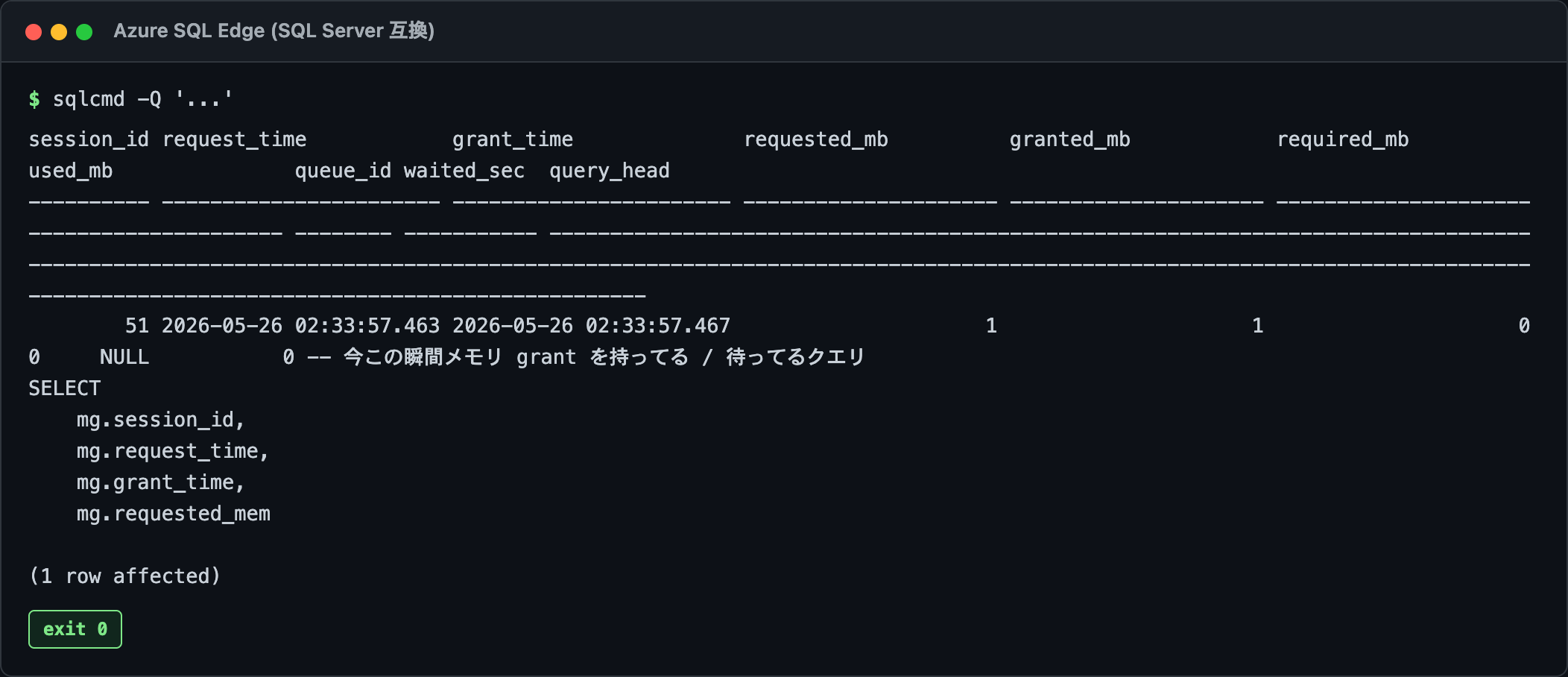 dm_exec_query_memory_grants DMV の実行結果