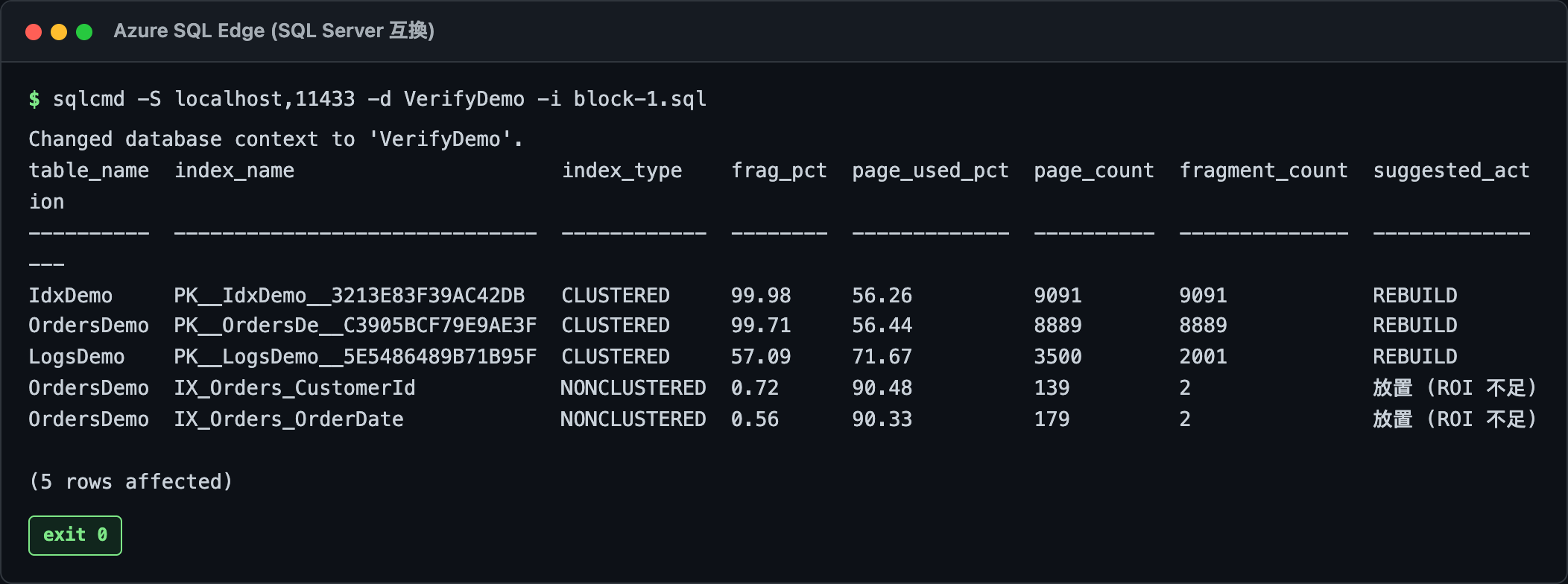 sys.dm_db_index_physical_stats DMV の実行結果