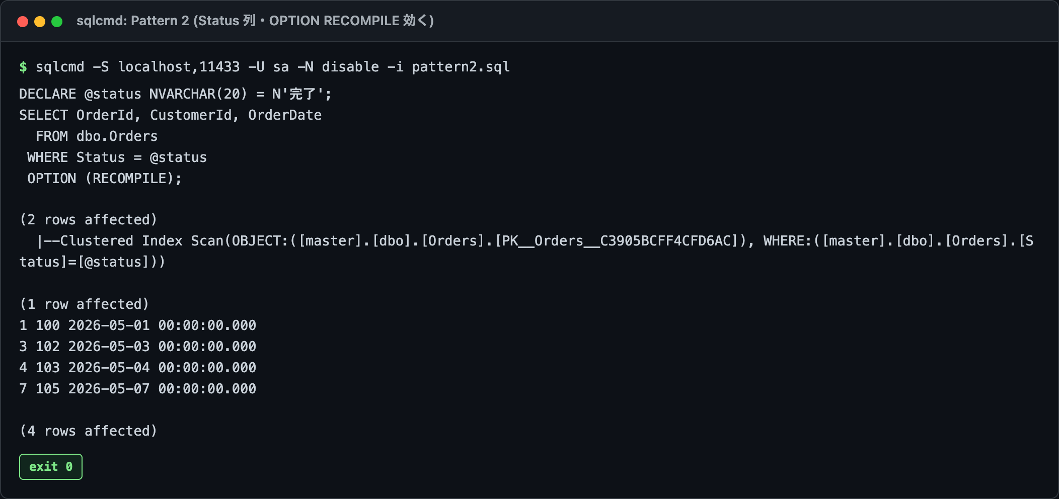 Pattern 2の実行計画— Statusカラム条件でClustered Index Scan、@statusの値で対象行数が変動