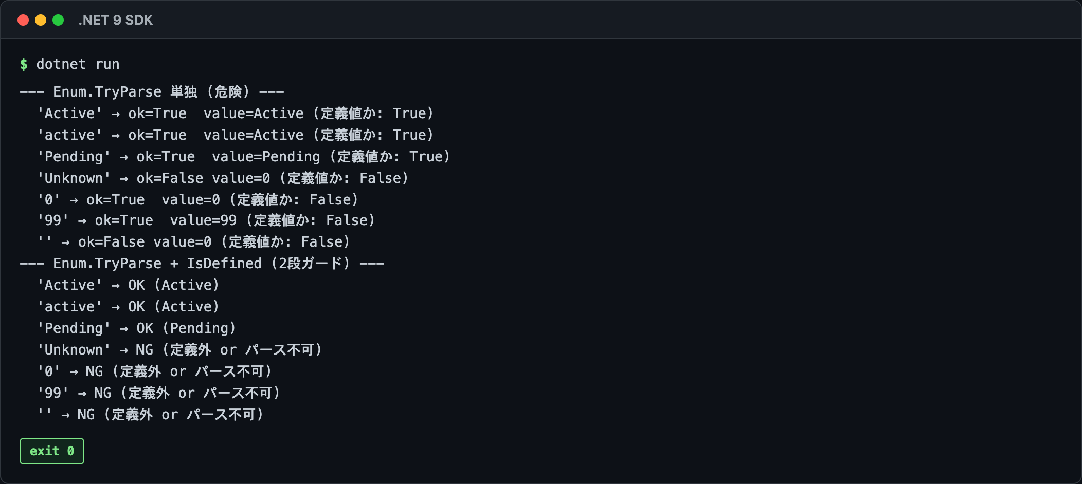 Pattern 3 Enum.TryParse + IsDefined 2段ガード — 数字文字列 99 や 0 が定義外なのに true が返る罠を IsDefined で封じる証跡