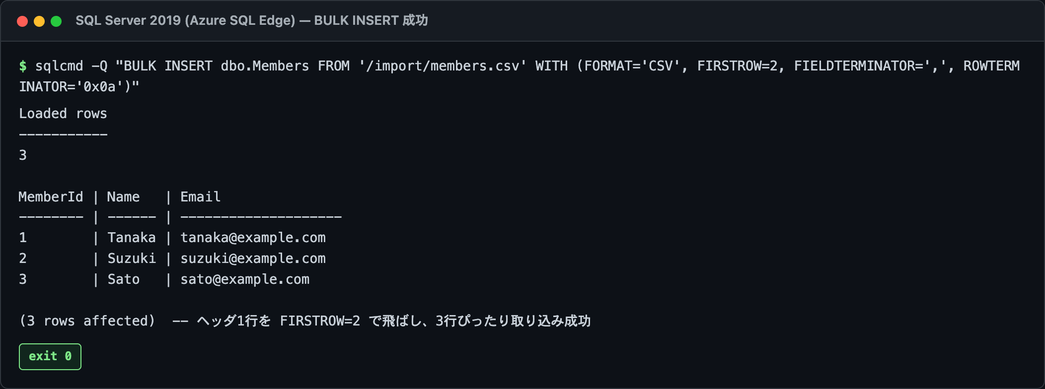 BULK INSERT で UTF-8 の CSV を取り込み、3行がテーブルに入って COUNT が3になった実行結果