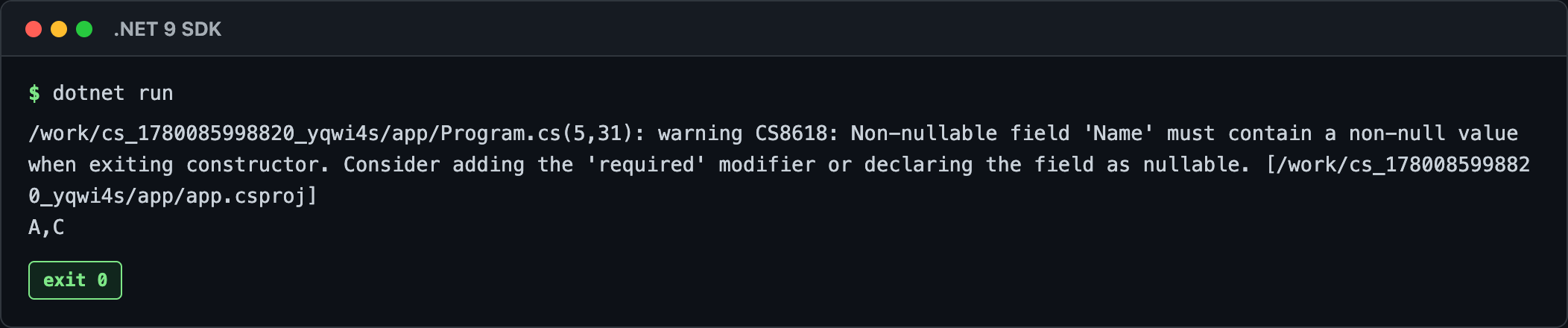 C# LINQ Where→Select の実行結果 (警告は無害)
