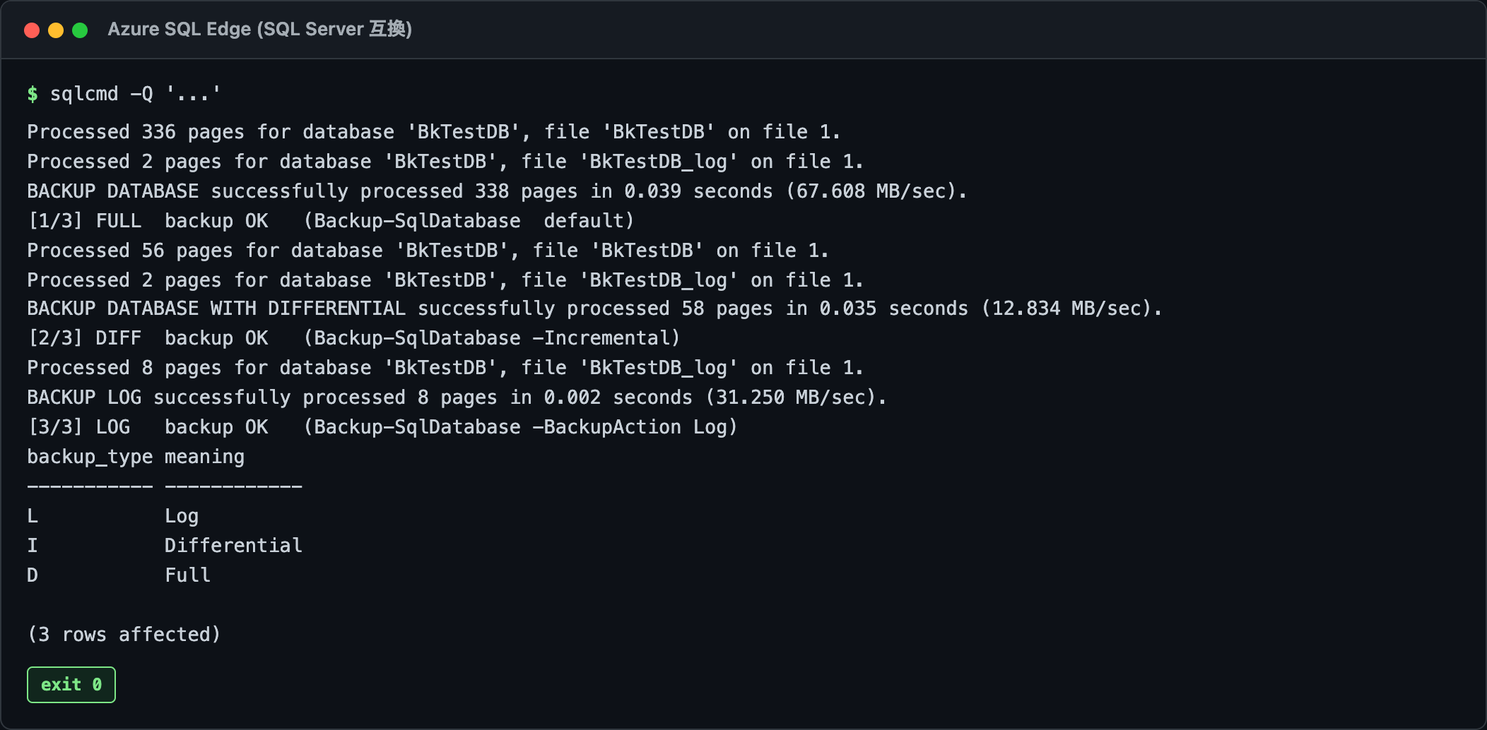 完全・差分・ログのバックアップが成功し、msdb に D / I / L の3タイプで記録された実行結果