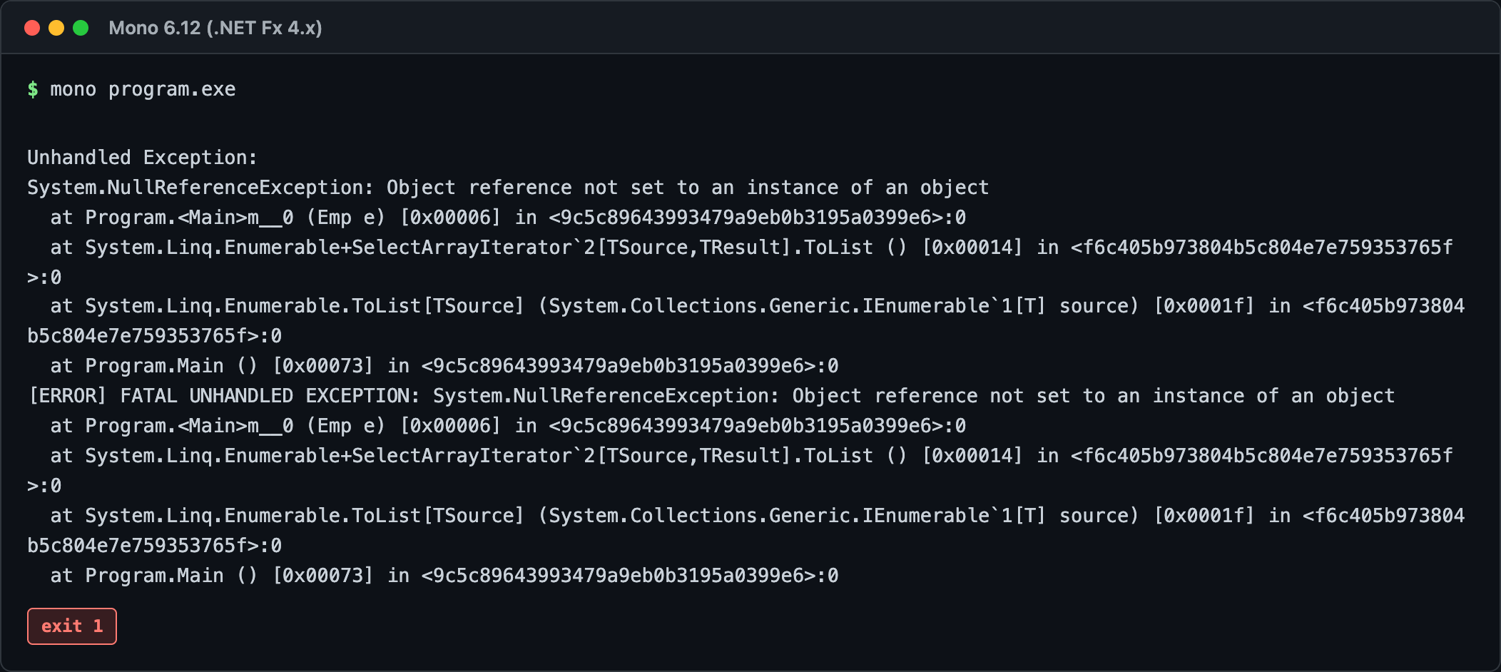 null 射影で NullReferenceException が発生する再現（Dept=null の行で例外）