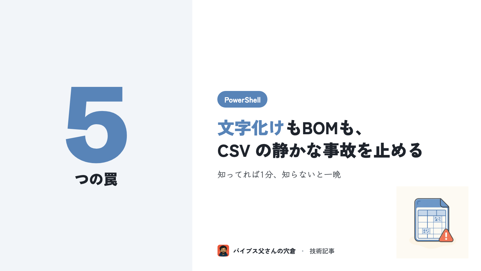 PowerShell の Import-Csv / Export-Csv で業務SEが踏む5つの罠 — 文字コード・区切り・型・改行・BOM